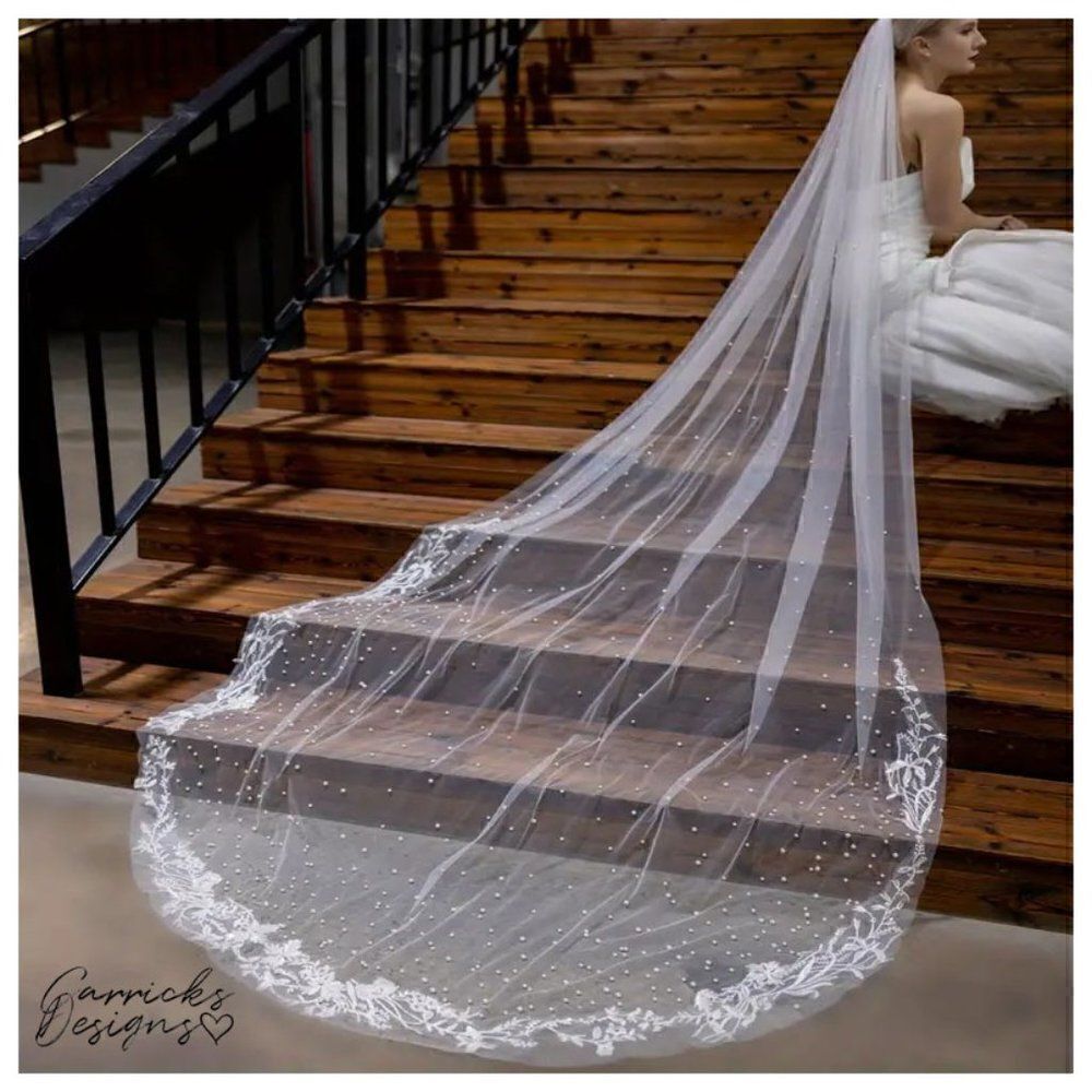 Floral Lace and Pearls Cathedral Bridal Wedding Veil With Comb Over 9' Long